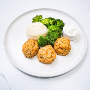 Baked Salmon Croquettes with Mashed Potato and Broccoli