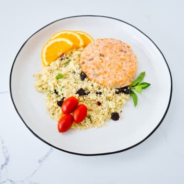 Homemade fish cakes with Organic Couscous & Fruit Salad