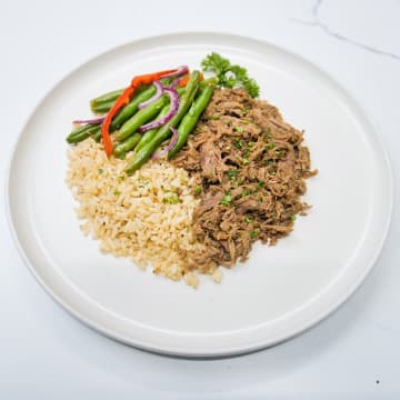 Shredded Beef with Brown rice and Roasted Green Beans