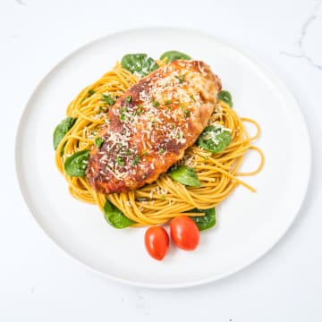 Crispy Chicken Parmesan with Veggie pasta