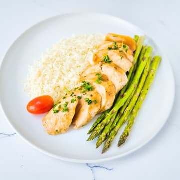 Teriyaki turkey tenders with White rice and Roasted asparagus