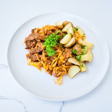 Stewed Cabbage with Flank Steak and Roasted potato