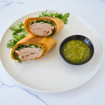 Mediterranean Roasted turkey wrap. Side of Pesto