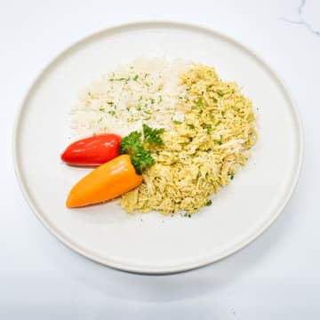 Shredded Chicken with White rice and Balsamic bell pepper